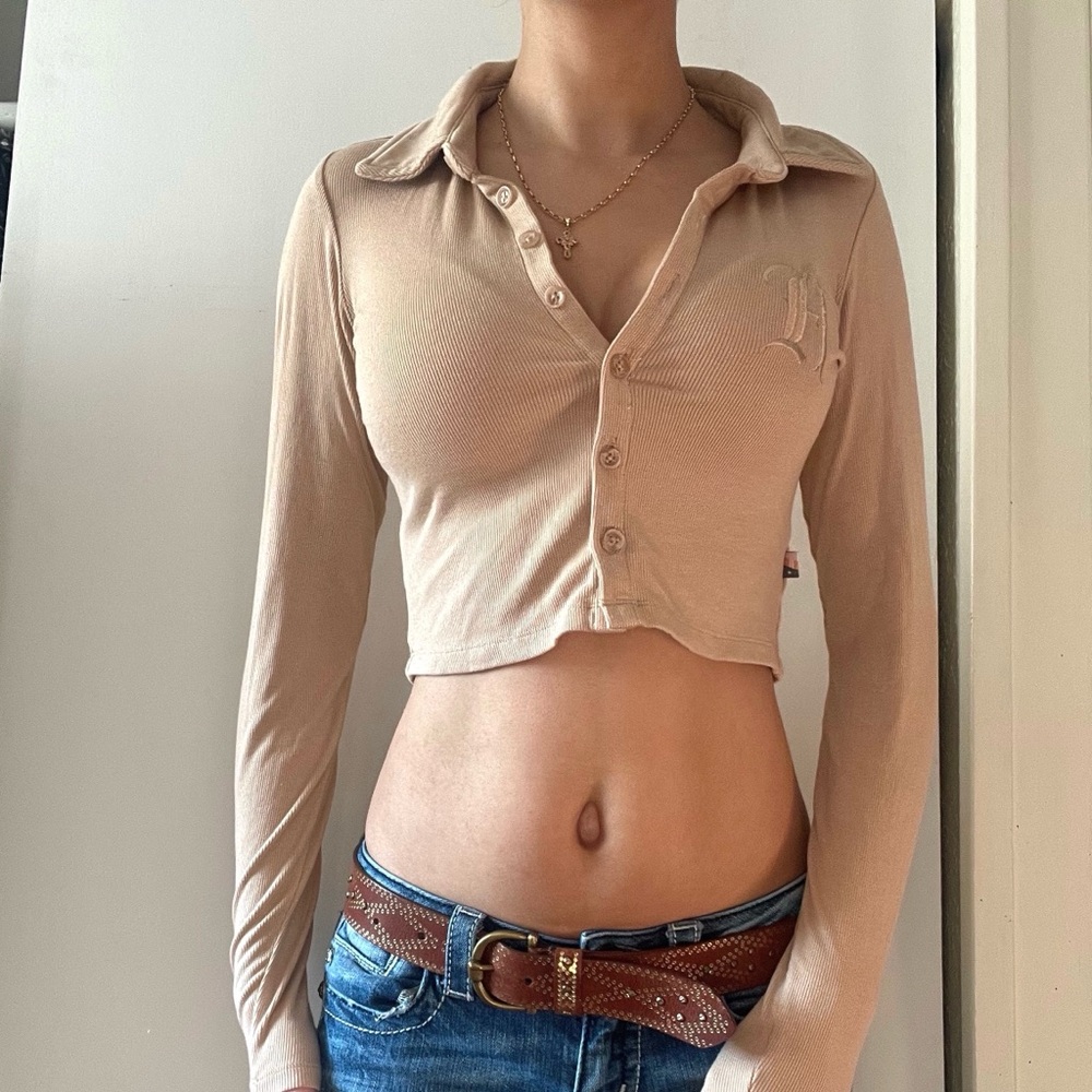 Women's Tan Long Sleeve Crop Top